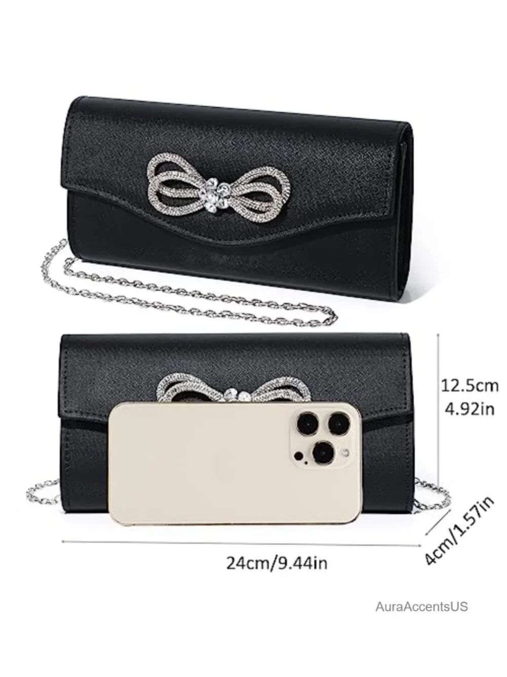 Shiny Crystal Bow Flap Clutch Evening Purse with Chain Strap